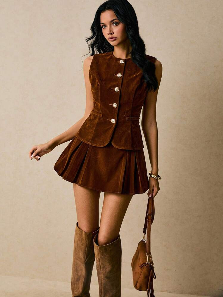 Poéselle Women's Solid Color Metal Single-Breasted Fashionable Vest Shirt | SHEIN