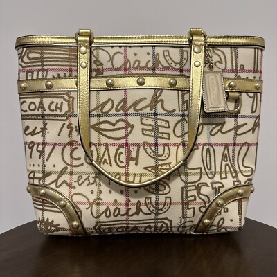 Coach Purse Heritage Tattersall Graffiti F13188 Gold Tote Bag Medium Size Purse | eBay US