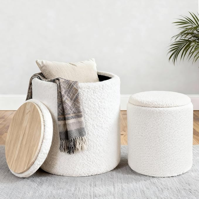 CAROLMADE Set of 2 Round Ottoman with Storage, Upholstered Vanity Stool Support 330lbs Multifunct... | Amazon (US)