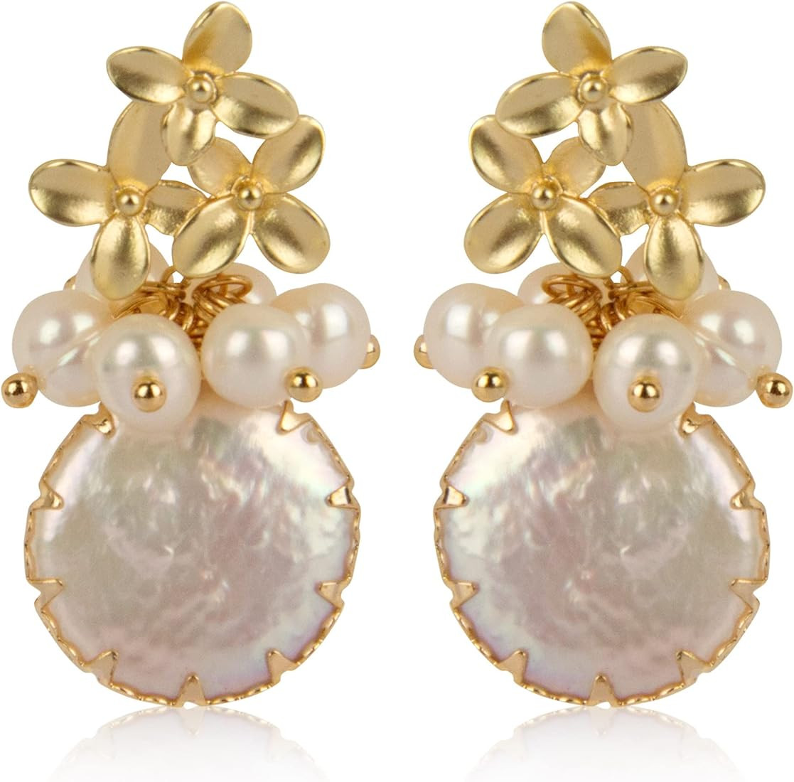 ELEXIS 18k Gold Big Baroque Pearl Earrings For Women Dangle Handmade Trendy Wedding White Real Fr... | Amazon (US)