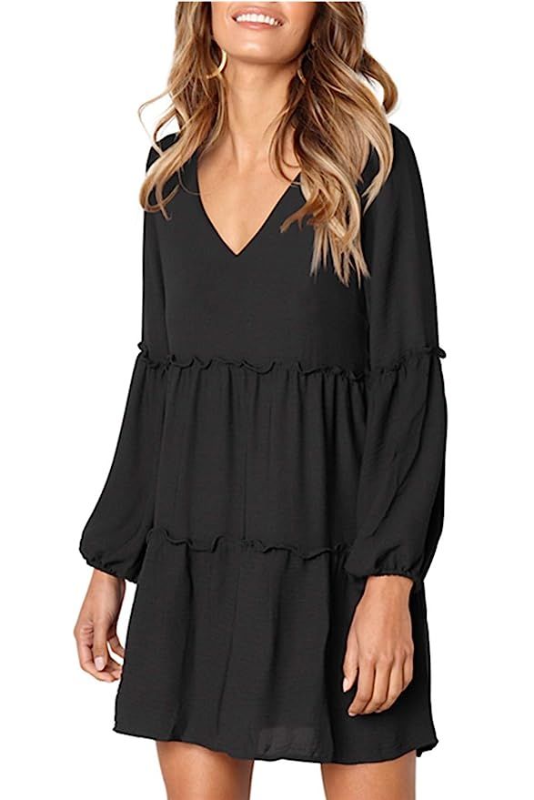 VIVOSKY Women's Long Sleeve V Neck Ruffle Tunic Dress Loose Swing Dress | Amazon (US)