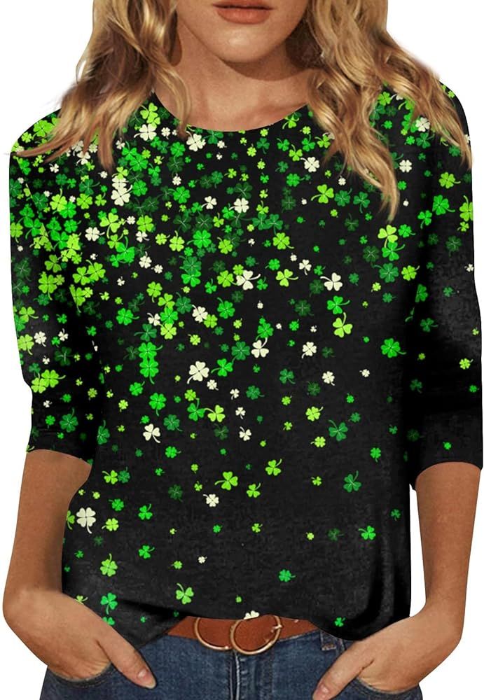 St Patricks Day Shirt for Women, 3/4 Sleeve Green Irish Shamrock T-Shirt Cute Graphic Tees 2024 | Amazon (US)