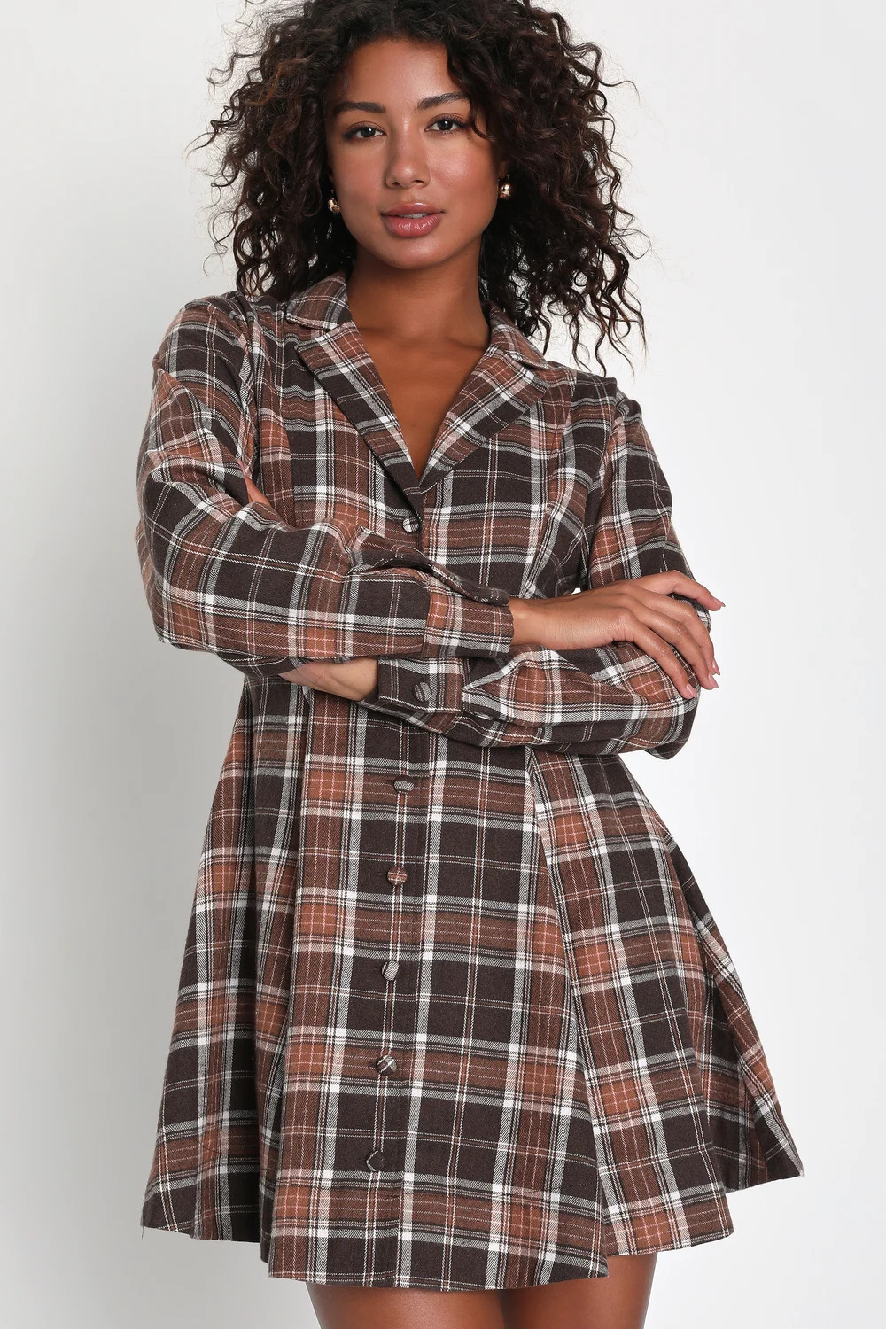 Autumnal Attitude Brown Plaid Skater Mini Dress With Pockets | Lulus (US)