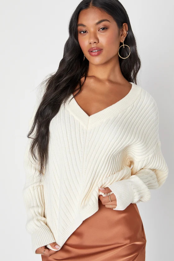 Effortless Season Ivory Ribbed V-Neck Long Sleeve Sweater | Lulus (US)