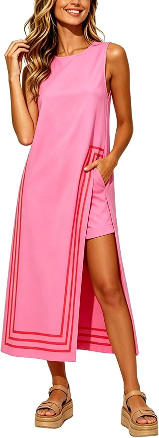 Bankeng Women's 2 Piece Dress Sets Color Block Sleeveless Crewneck Maxi Dress Matching Shorts wit... | Amazon (US)