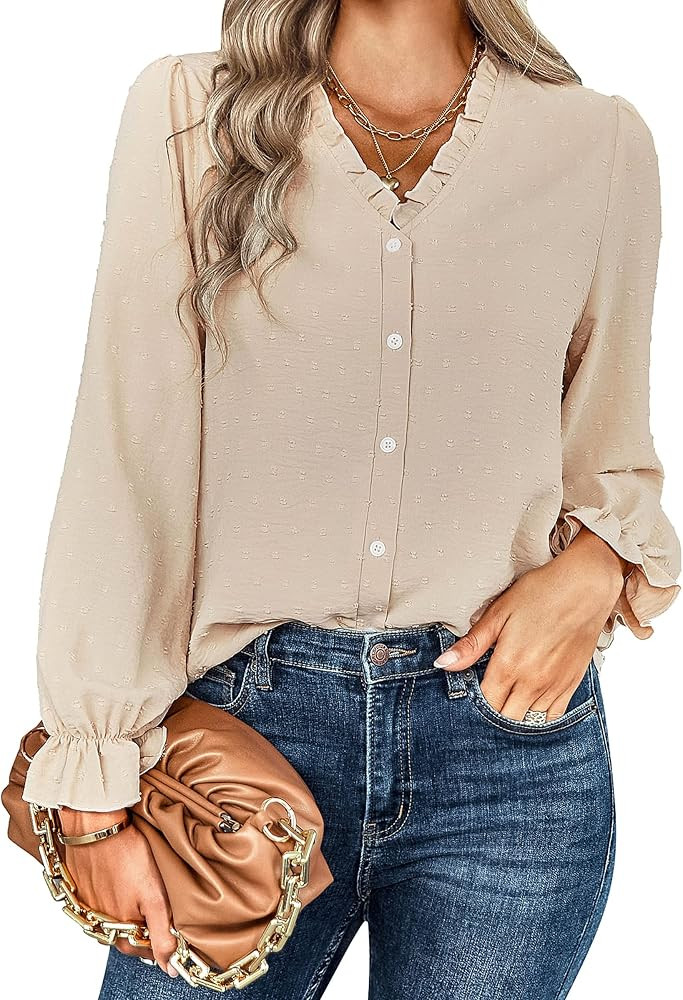ABYOXI Womens Long Sleeve V Neck Chiffon Blouses Dressy Casual Work Tops Button Dwon Swiss Dot Po... | Amazon (US)