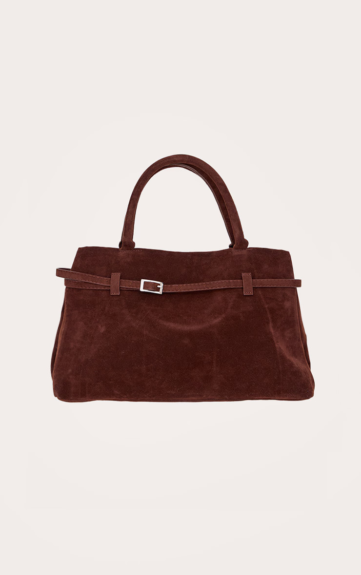 Chocolate Faux Suede Buckle Square Tote Bag | PrettyLittleThing UK