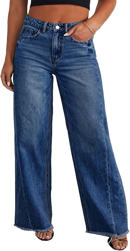Eytino Women's Plus Size Wide Leg Jeans Elastic High Waist Stretchy Raw Hem Denim Pants with Pock... | Amazon (US)
