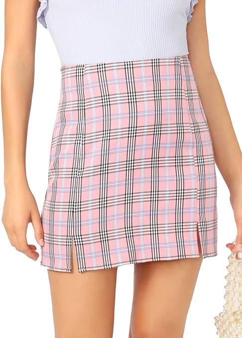 WDIRARA Women's Basic High Waist Bodycon Mini Plaid Uniform Skirt | Amazon (US)
