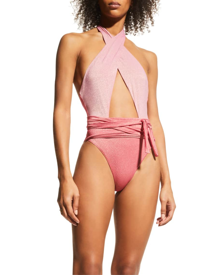 PQ Swim Alex Metallic Halter One-Piece Swimsuit | Neiman Marcus