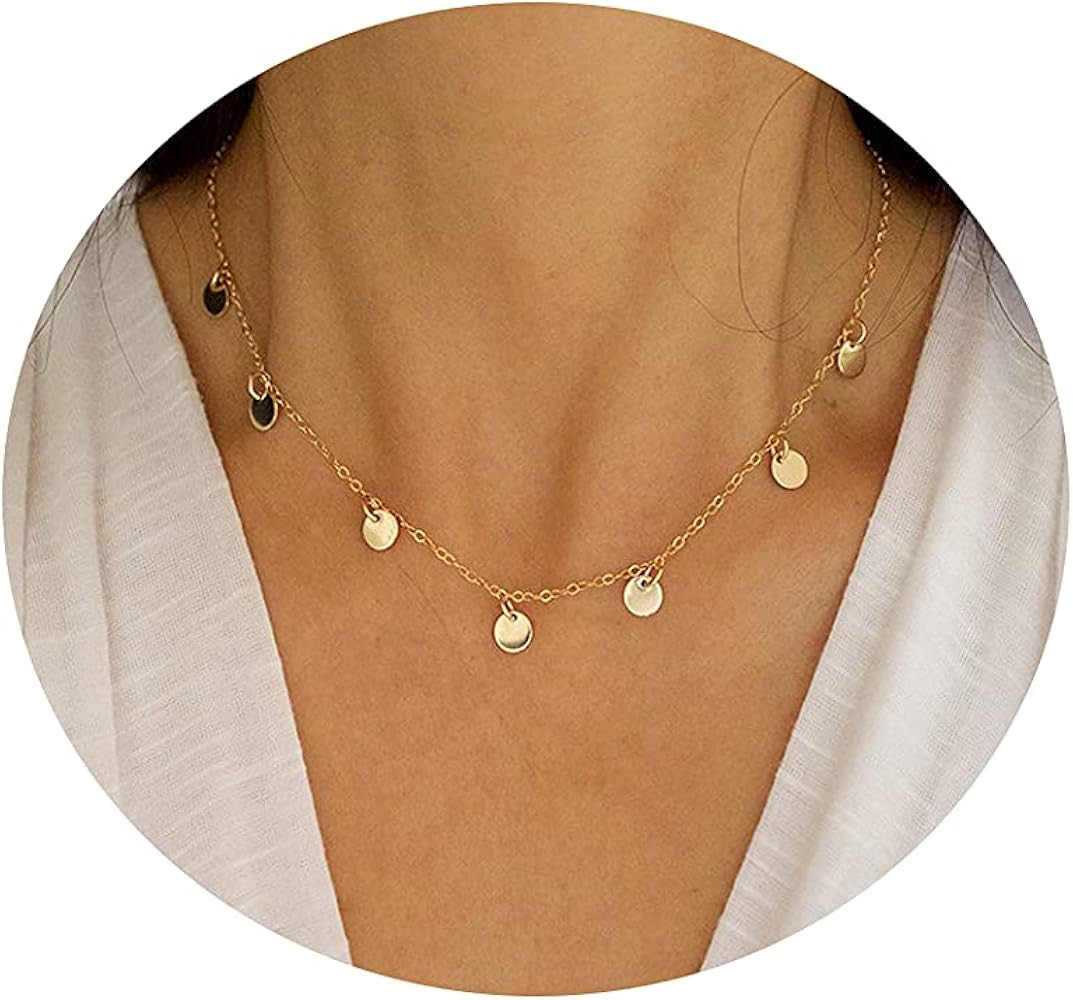 MIDEEO 14K Gold Leaf Pendant Necklace for Women Dainty Sun Necklace Tiny Coin Drop Choker Necklace B | Amazon (US)