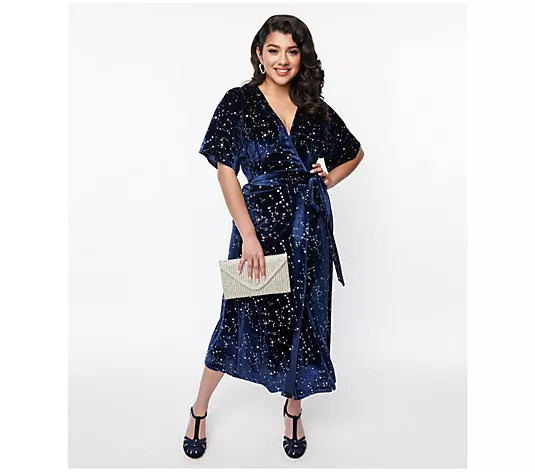 Unique Vintage Navy & Silver Stars Velvet Wrap Midi Dress - QVC.com | QVC