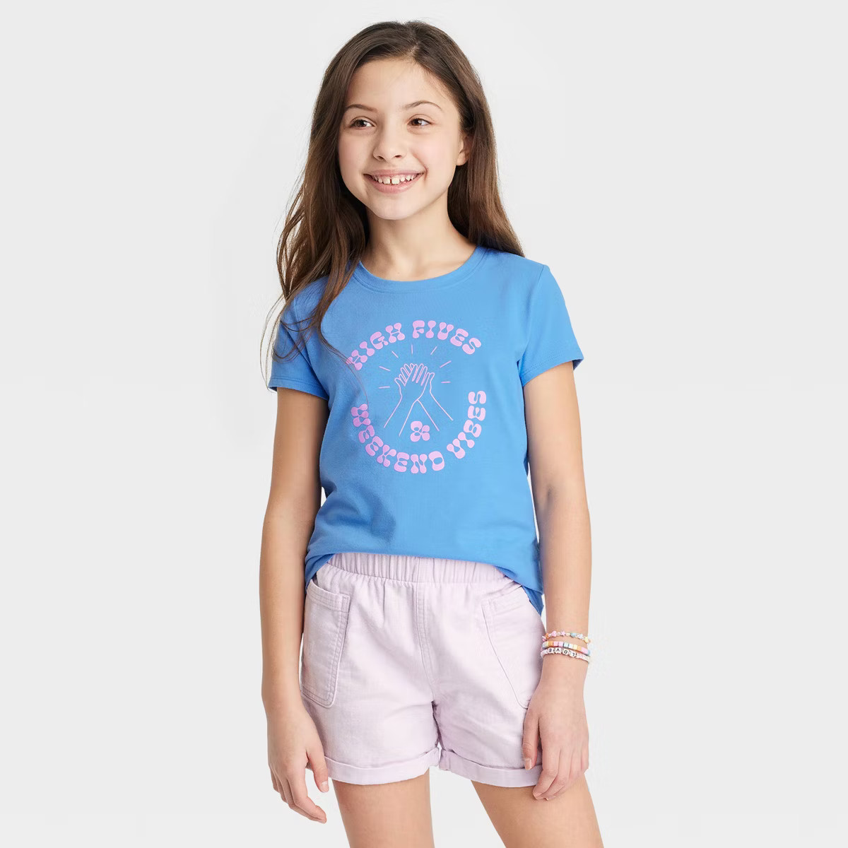 Girls' Short Sleeve 'High Fives & Weekend Vibes' Graphic T-Shirt - Cat & Jack™ Sky Blue | Target
