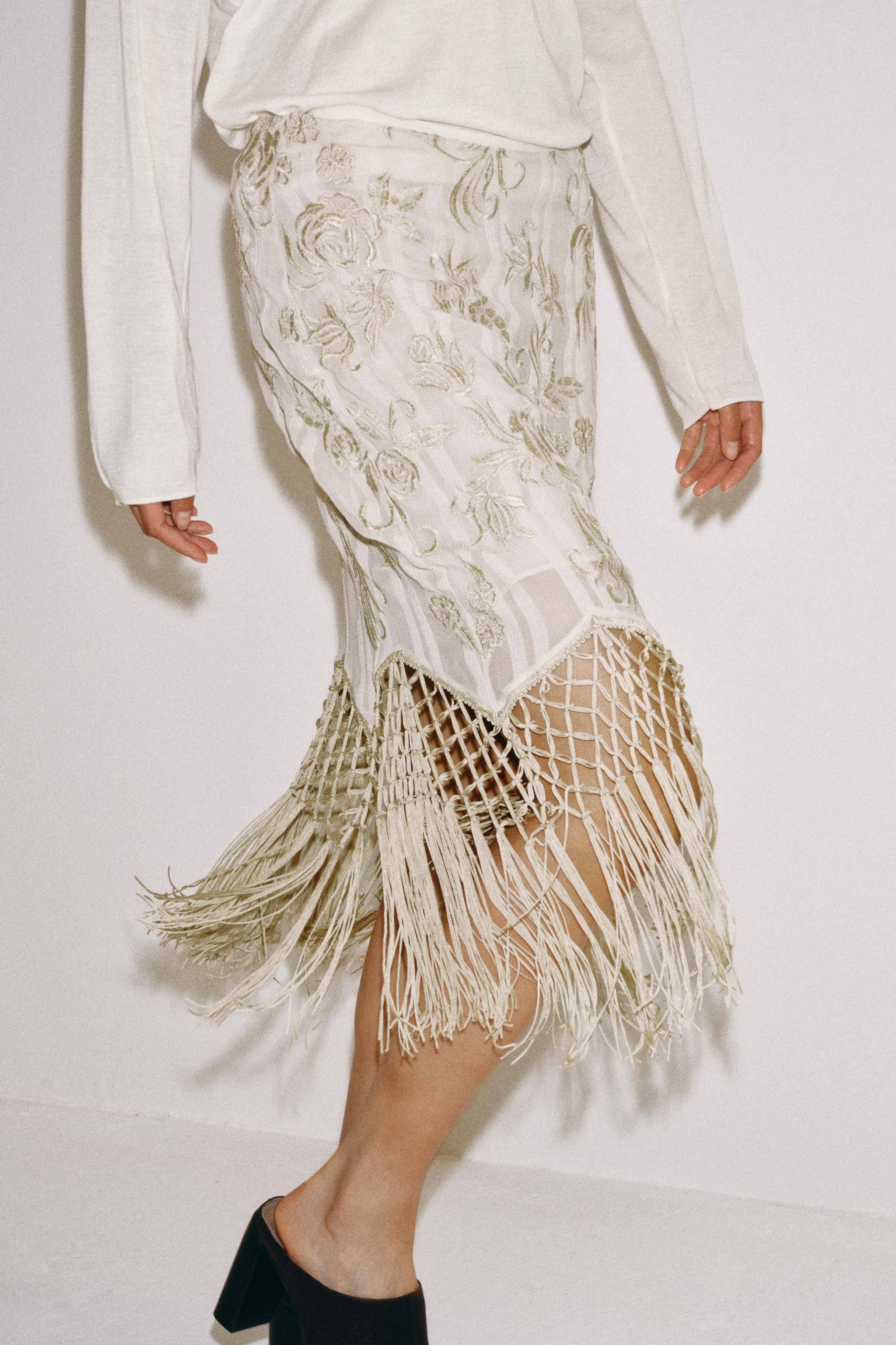 ZW COLLECTION EMBROIDERED FRINGED SKIRT | Zara US
