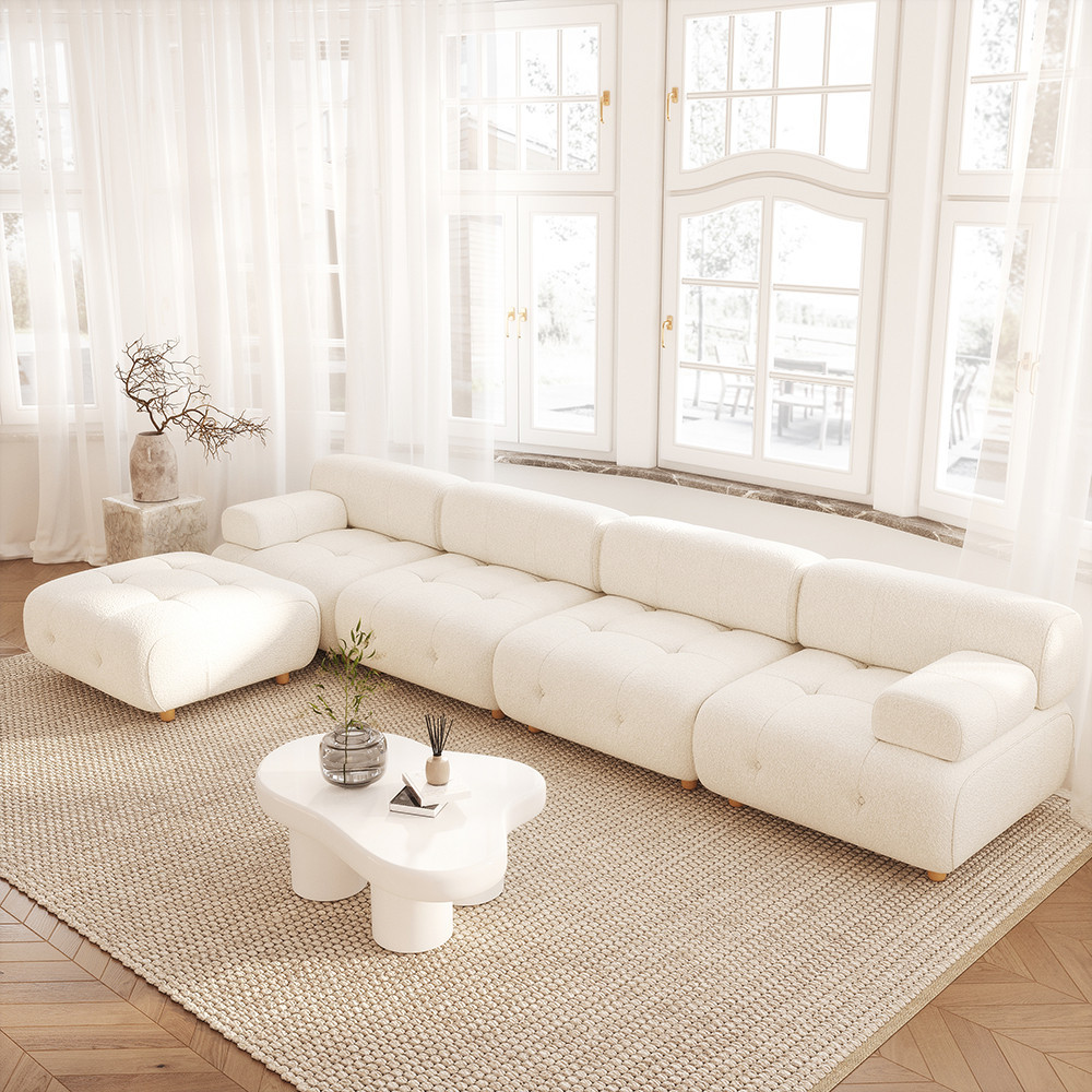 Modern L-Shaped Modular White Boucle Corner Sectional Sofa Loveseat with Wood Legs | Homary
