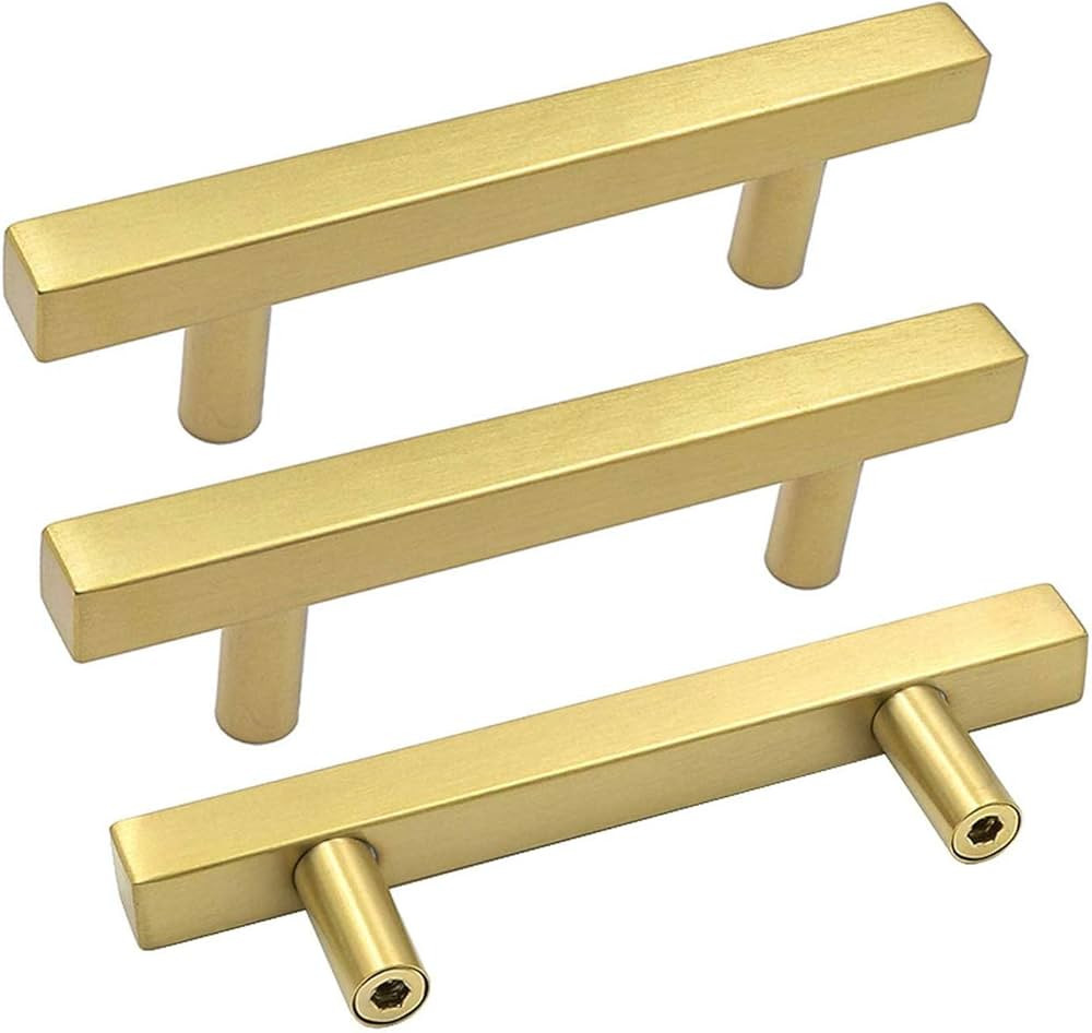 goldenwarm Brushed Brass Cabinet Knobs Drawer Pulls Furniture Hardware T Bar Square Gold Cabinet ... | Amazon (US)