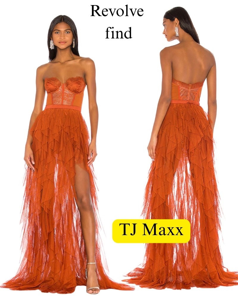 Revolve find at TJ Maxx, for love and lemons, strapless gown, wedding guest dress, lace, special occasion, designer deals, sale.

#LTKootd #LTKSaleAlert #LTKWedding