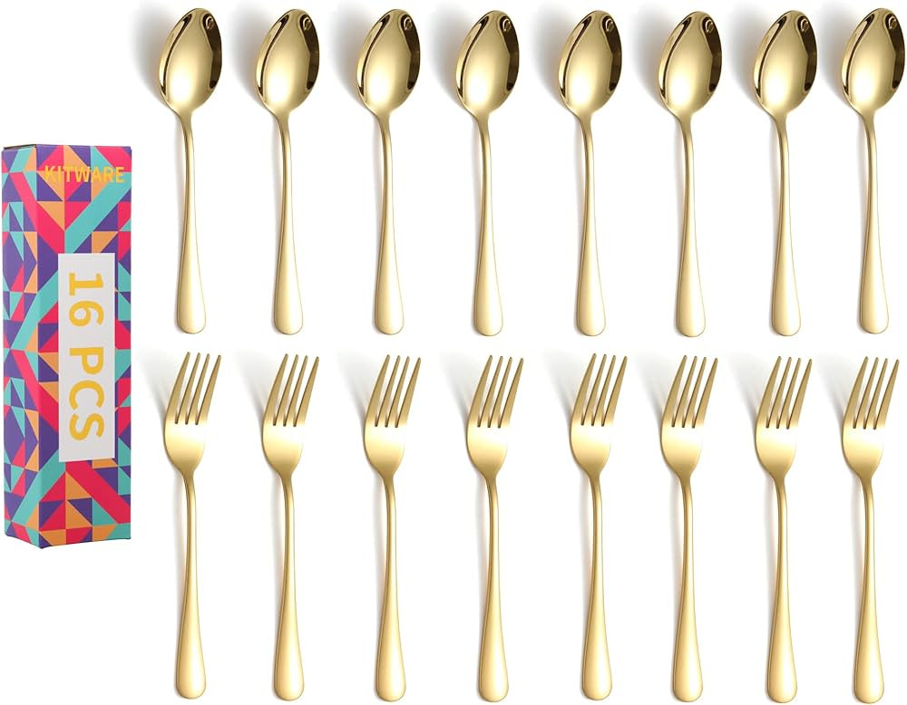 16-Piece Gold Forks and Spoons Silverware Set,Stainless Steel Flatware Cutlery for Kitchen Home R... | Amazon (US)