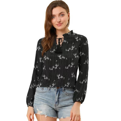 INSPIRE CHIC Women's Boho Floral Casual Ruffle Tie Keyhole Long Sleeve Blouse Top Black Small | Target