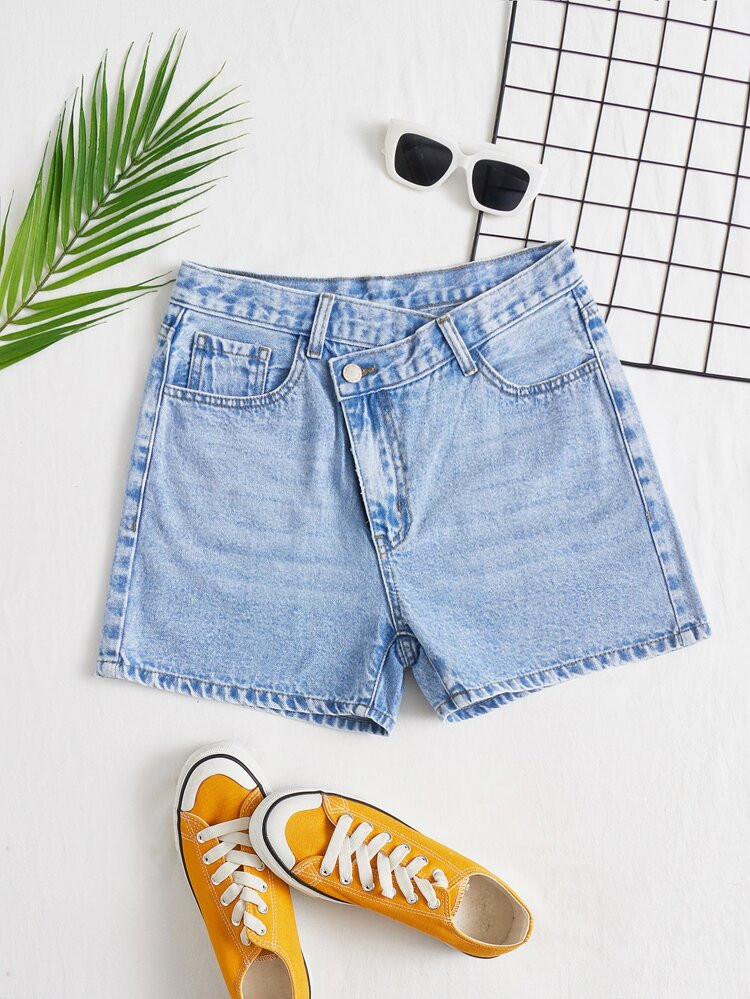 Solid Stepped Waist Straight Leg Denim Shorts | SHEIN