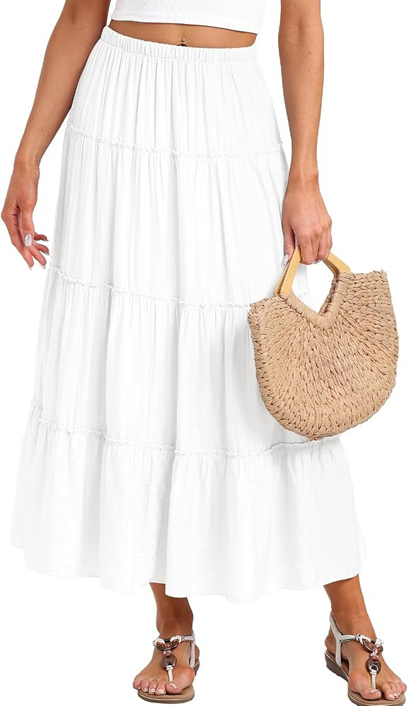 Beaully Long Skirts for Women Boho Elastic Waist Maxi Skirt Flowy Swing Tiered Beach Dress Trendy... | Amazon (US)