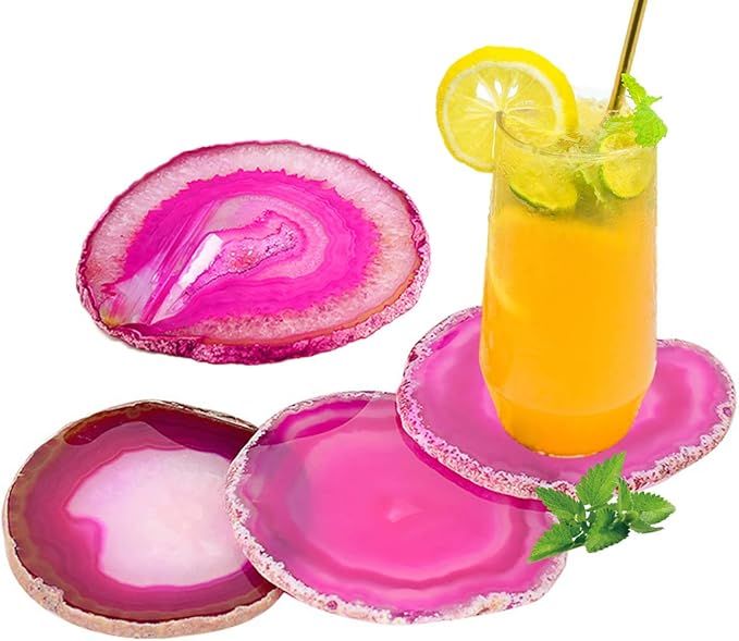 AMOYSTONE Pink Agate Coaster 4pcs Crystal Coasters for Drinks, Coffee, Wine or Bar Glasses Geode ... | Amazon (US)