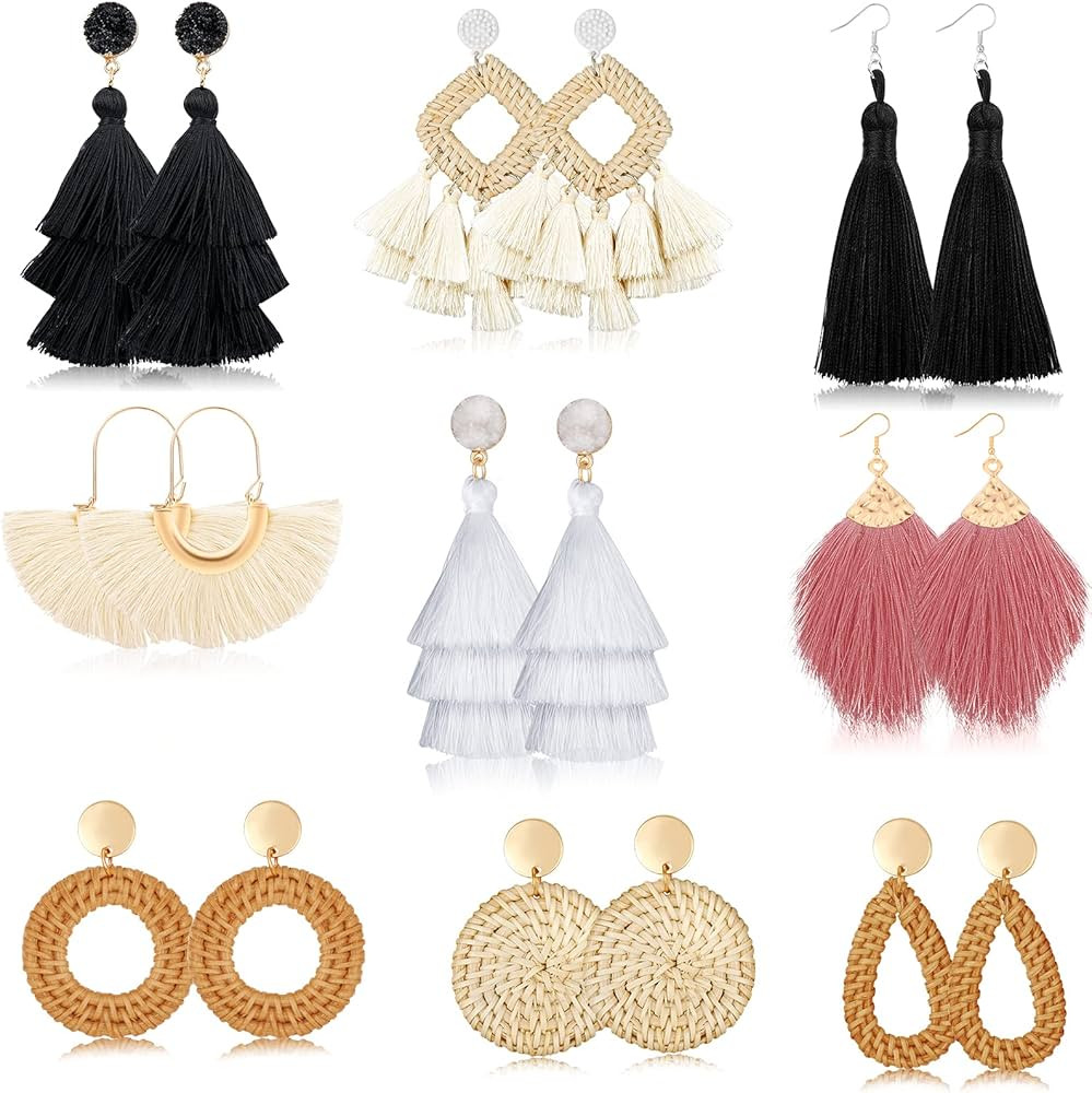 Hazms 4-9 Pairs Rattan Earrings Tassel Earrings for Women Girls Lightweight Acrylic Geometric Sta... | Amazon (US)