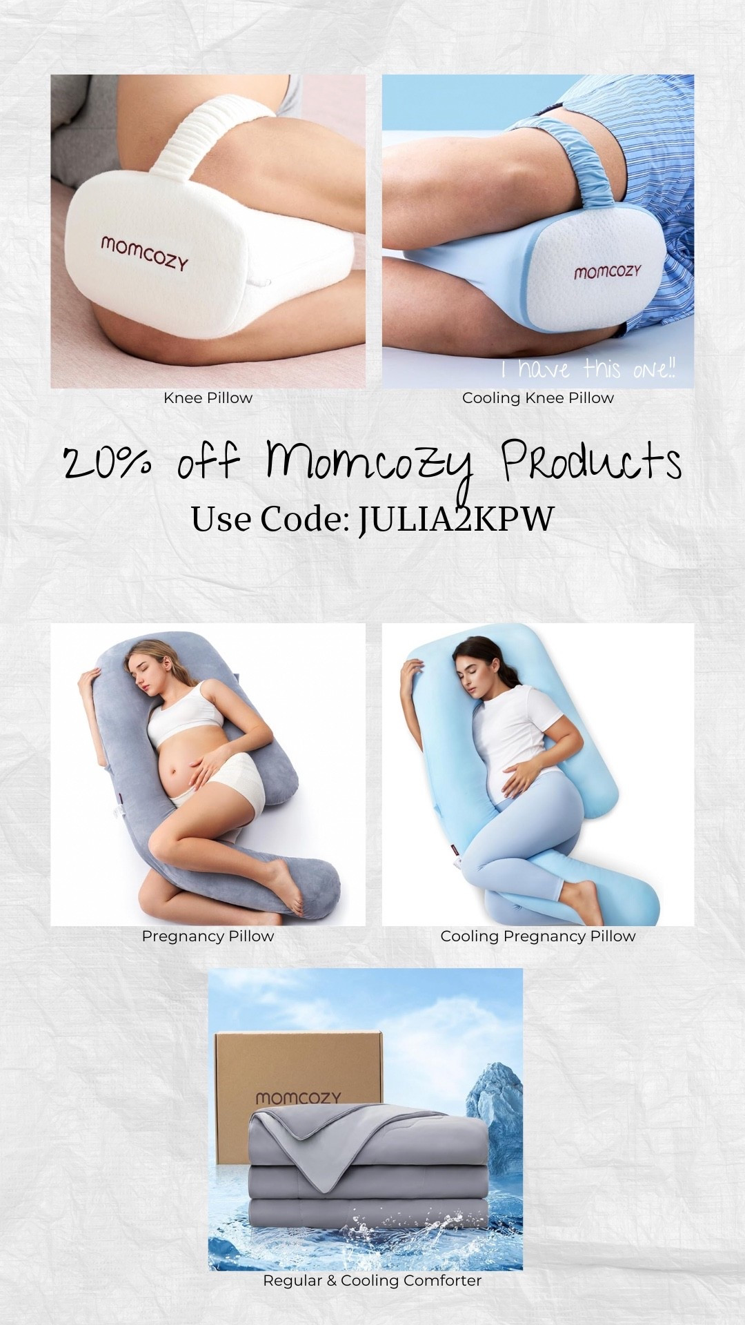 Got my momcozy code extended to a few more products for you guys!! Get 20% off these Momcozy pregnancy essentials by using code: JULIA2KPW

Pregnancy pillow, knee pillow, pregnancy sleep, momcozy products, maternity pillow, belly support 



#LTKBaby #LTKBump