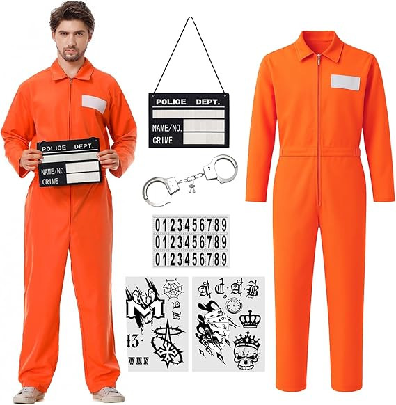 Deaboat Prisoner Jumpsuit Men Halloween Costume - 6-Piece Orange Prison Cosplay Outfit Unisex Adu... | Amazon (US)
