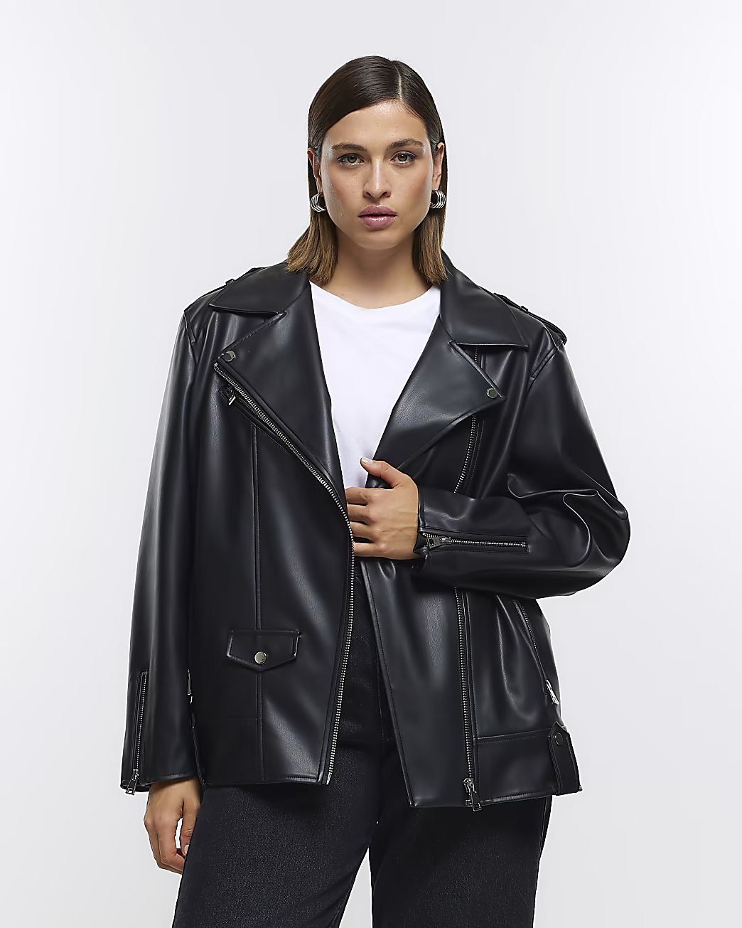 Plus black faux leather oversized jacket | River Island (UK & IE)