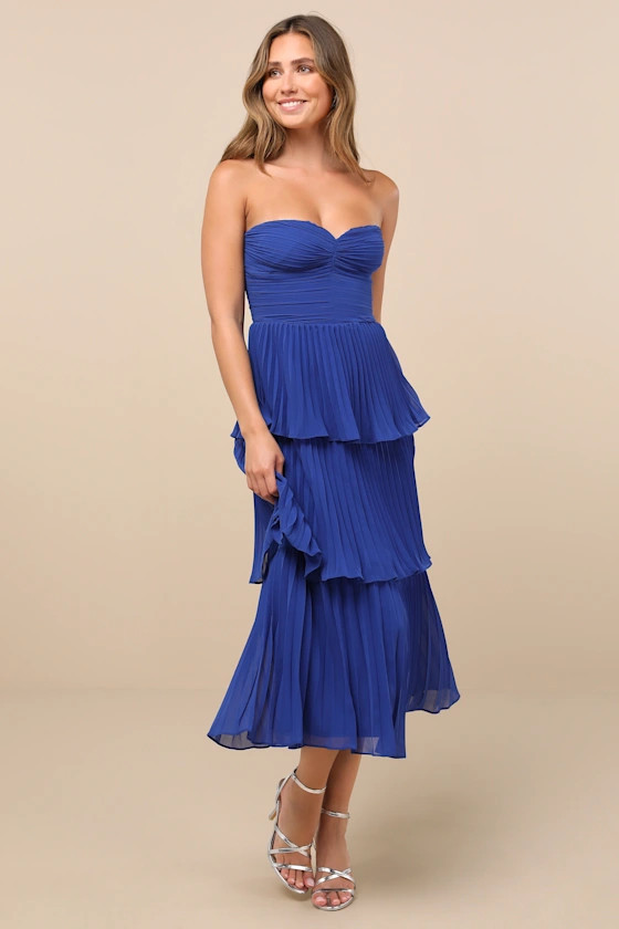 Seriously Sensational Cobalt Blue Strapless Tiered Midi Dress | Lulus