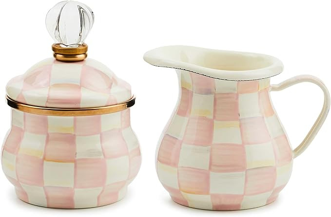 MACKENZIE-CHILDS Enamel Creamer and Sugar-Bowl Set, Cream Dispenser and Sugar Holder, Unique Kitchen Decor, Pink-and-White Rosy Check | Amazon (US)