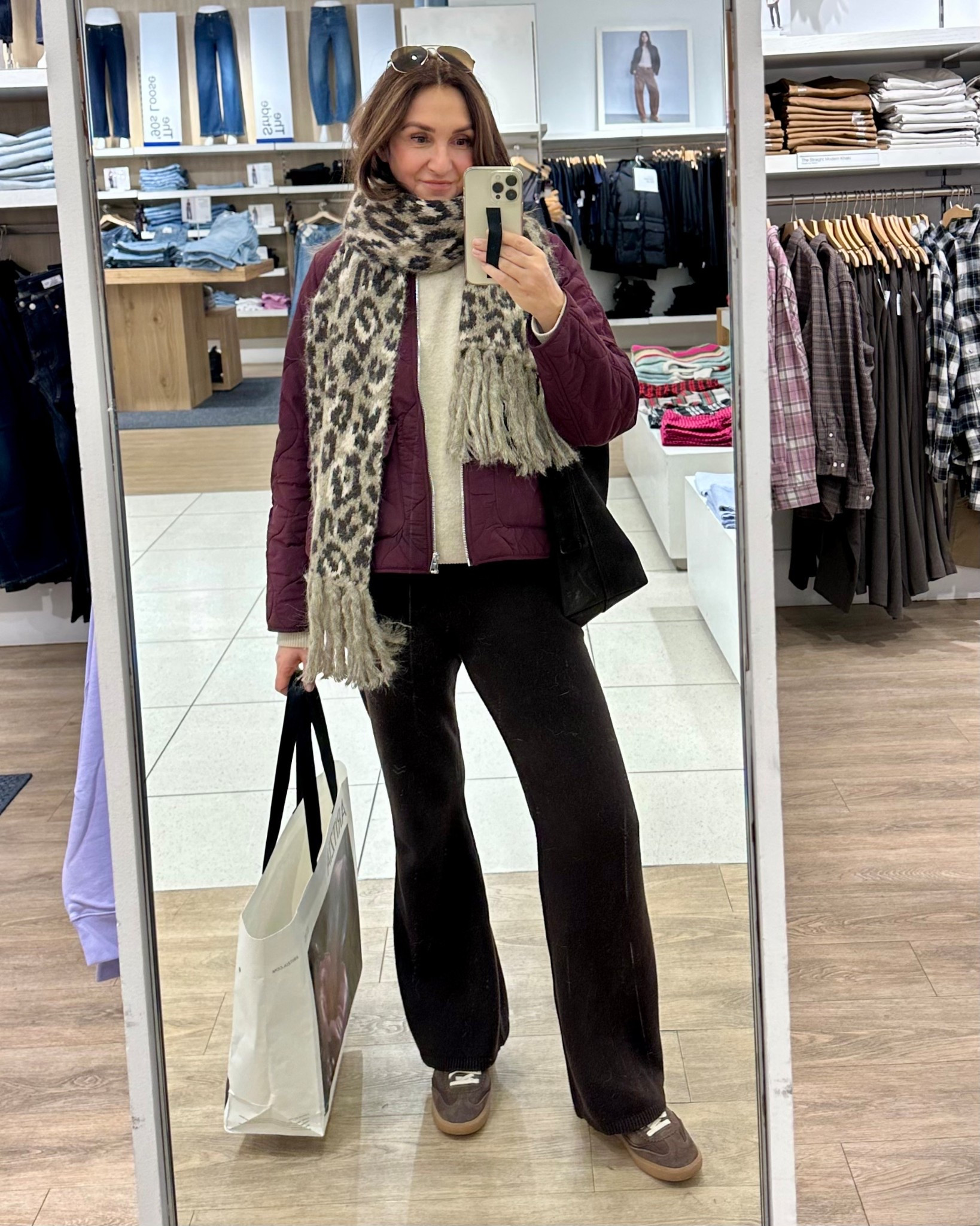 Last minute Christmas errands outfit! I prefer lightweight clothing in the mall, I removed my scarf right after taking this pic. 
I’m 5’ 7” wearing my usual size small in the quilted jacket, sweater and knit lounge pants. Sneakers also fit tts. Leopard scarf still 40% off!


#LTKootd #LTKdayinmylife #LTKFindsUnder50