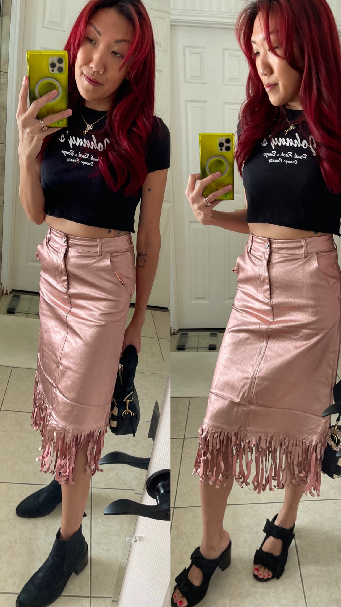 Chunky heel chelsea boots or suede bow sandals for fall? The transition from summer to fall gets a bit funky and you can go with either IMO. Liquid leather and metallics are all over the NYFW runways for Fall Winter 2024 / 2025

I went with an old black cropped tee, a boxy band T-shirt would be fun with this metallic blush pink fringed skirt. It’s rock and roll so anything goes! This fringe skirt comes in liquid leather (vegan) in all the colors- black 🕶️, silver 🪩 , champagne gold 🥂✨, hot pink 💖, light rose pink 🌸,  electric blue ⚡️💙

Related: country concert, music festival, fringe, tassels, black tshirt, crop top, boxy tee, alt fashion, red hair dye, semi permanent hair color, vivid hair, FW 24/25

#LTKFindsUnder50 #LTKStyleTip #LTKNYFW