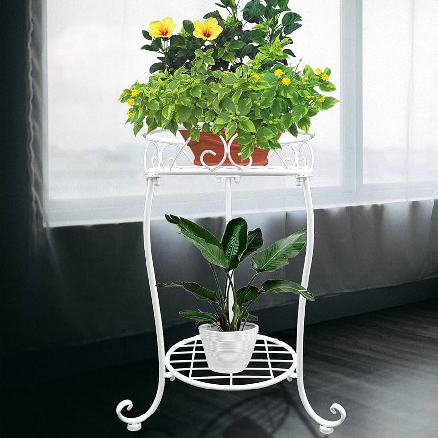 White Metal Plant Stand, 18.5 inch Tall 2 Tier Potted Holder Rack, Heavy Duty Flower Pot Shelf fo... | Amazon (US)