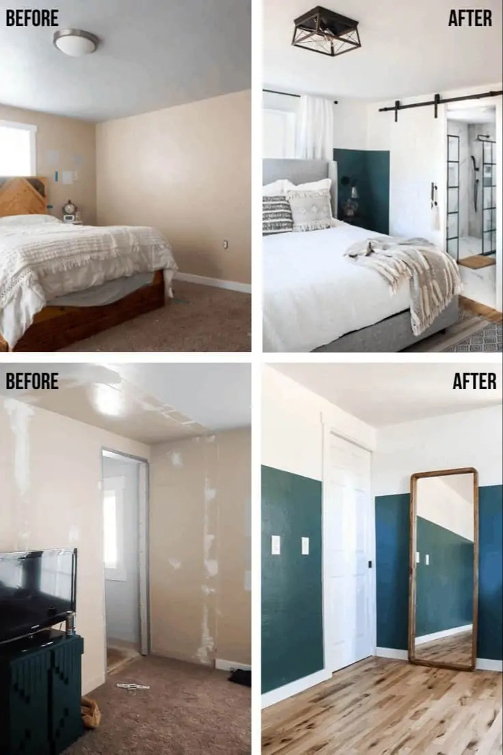 Before the renovation this room was a completely different space. After: green and white walls, gray bed, boho pillows, white bedding. All linked! #bedroom #bedroomideas  

 #LTKHome
