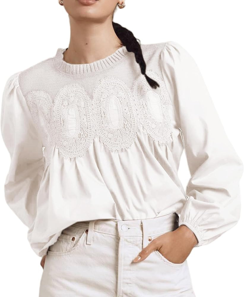 VAOYIU Women Lace Poplin Ruffle Mesh Blouse Long Sleeve Crew Neck Swing Babydoll Tops Elegant Shi... | Amazon (US)