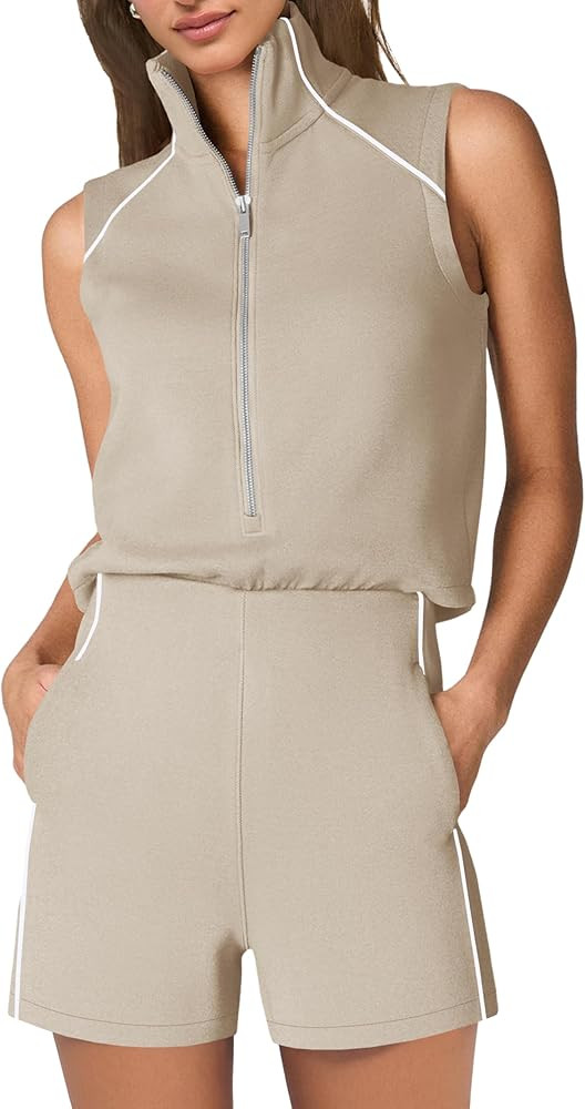 SENSERISE Rompers for Womens One Piece Jumpsuits Casual Sleeveless Half Zipper 2026 Summer Vacati... | Amazon (US)