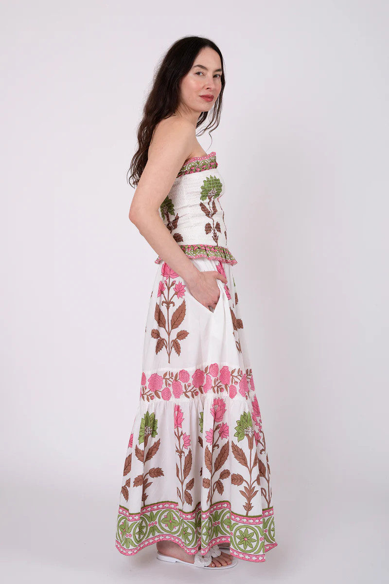 SUE SARTOR Flounce™ Smocked Waist Skirt | Pink/Peridot Dahlia | SUE SARTOR