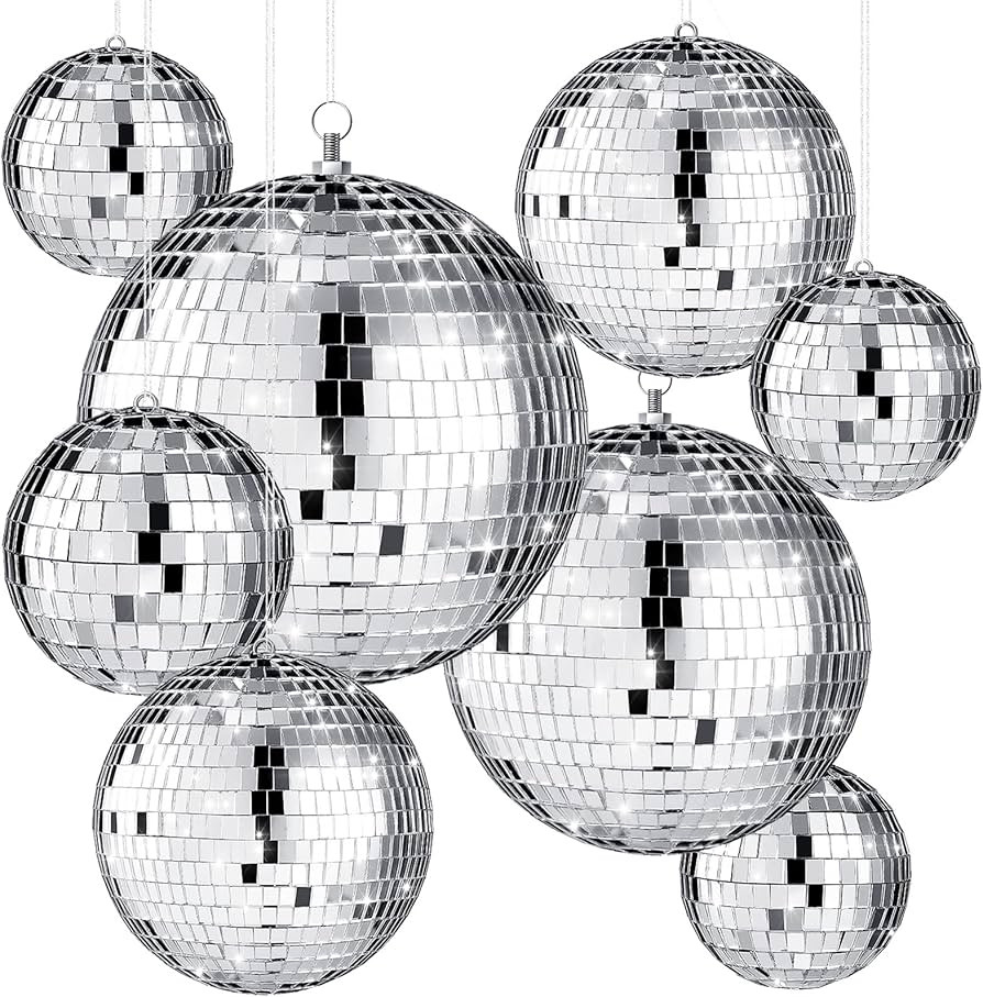 8 Pcs Large Disco Ball Set Silver Mirror Disco Balls Reflective Ball with Hanging Ring Party Hang... | Amazon (US)