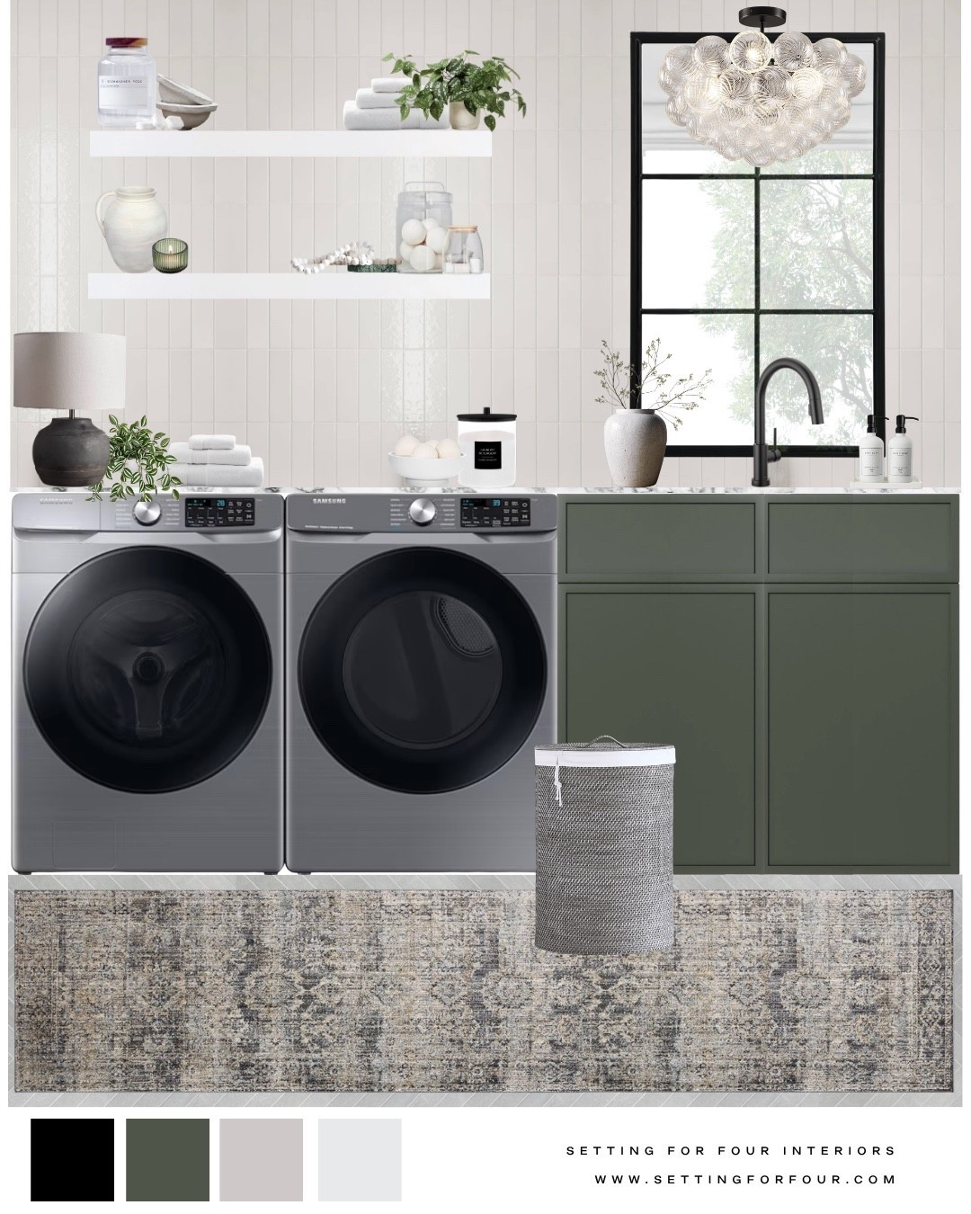 Neutral laundry room with beautiful dark green cabinets- this runner is so stunning! decor, tile, storage ideas 
Neutral aesthetic, organic modern, transitional, minimalist, green cabinets, floating shelf decor, runner rug, faucet, vase, laundry hamper, flush mount light, canister, storage, organizer, earthy, Amazon home, Restoration Hardware style, Target, Walmart, Wayfair home

#LTKhome #LTKsale #LTKfamily
