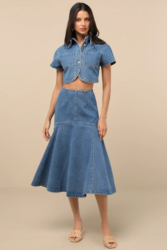 Nerea Medium Wash Denim Drop Waist Midi Skirt | Lulus