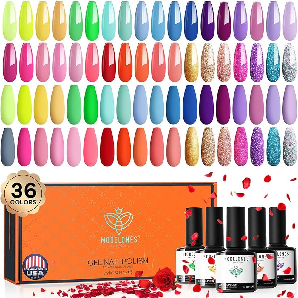 Modelones 36 Pcs Gel Nail Polish Kit, 2023 Spring Summer Rainbow Color Gel Polish Set 7ml Soft Pi... | Amazon (US)