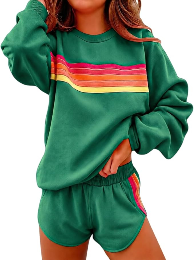 Womens 2 Piece Lounge Sets Casual Rainbow Striped Outfits | Long Sleeve Sweatshirt Matching Short... | Amazon (US)