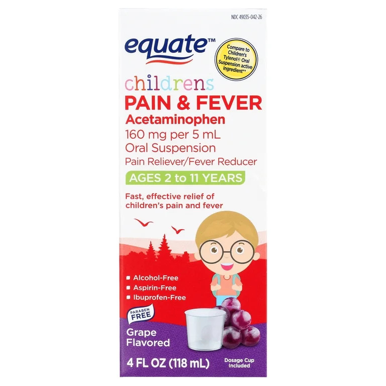 Equate Children's Pain and Fever, Acetaminophen 160 mg per 5 mL, Grape Flavor, 4 Fluid Ounce | Walmart (US)