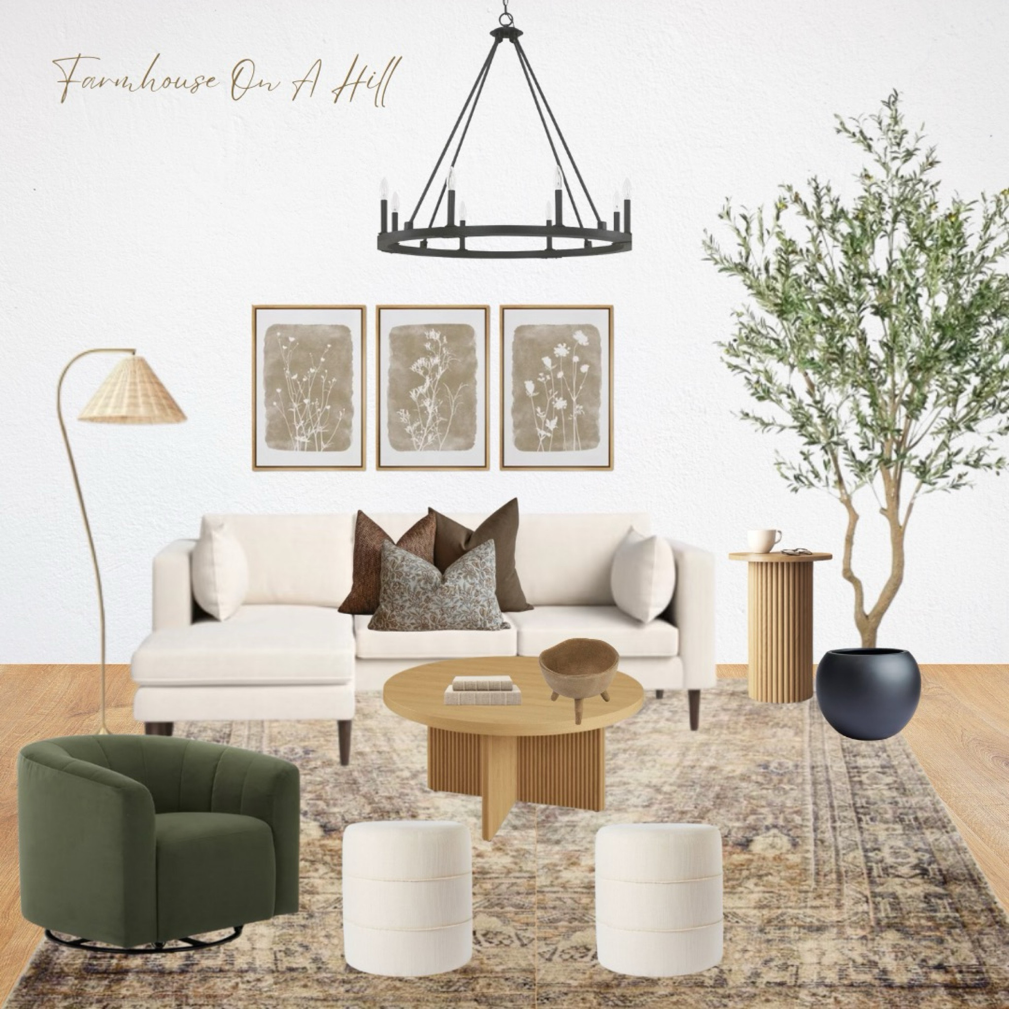 
Get inspired by this modern farmhouse living room featuring a cozy cream sectional paired with earthy-toned throw pillows for a warm, inviting atmosphere. The space is grounded by a vintage-inspired area rug, while the round, fluted coffee table adds a touch of modern sophistication. A deep green accent chair brings a pop of color, complemented by the natural tones of the woven floor lamp and two white ottomans. The wall is adorned with a trio of botanical prints, and a statement black chandelier provides a stunning focal point. Complete with an olive tree for a natural element, this living room is the perfect blend of comfort and style. Shop the look now to bring farmhouse charm to your space!

#LTKHome