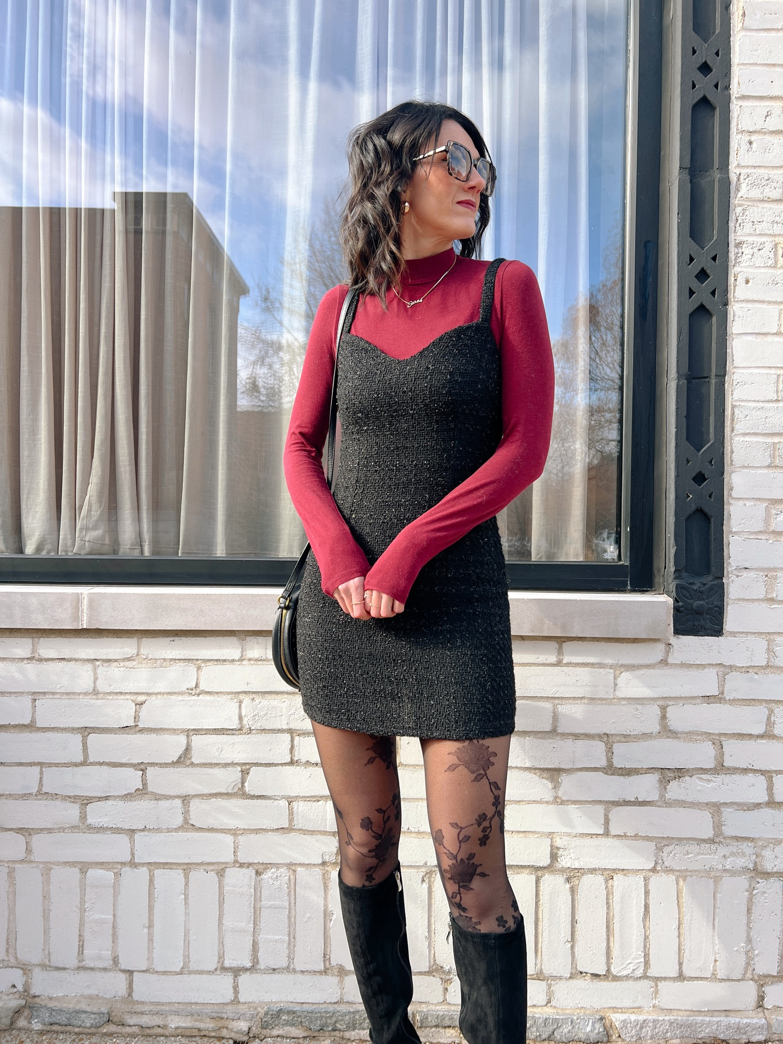 Tweed
Tights
Lulus
Knee high boots 

#LTKfindsunder50 #LTKsalealert #LTKSeasonal