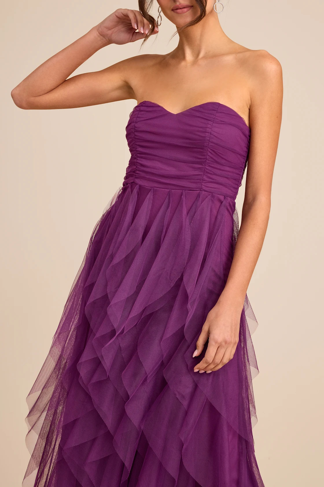 Delightful Beauty Plum Mesh Strapless Ruched Ruffled Maxi Dress | Lulus