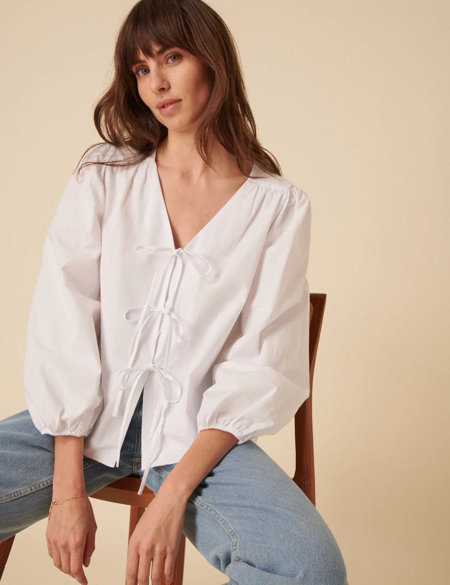 White Tie-Front Long Sleeve Bernadetta Blouse | Nobody's Child