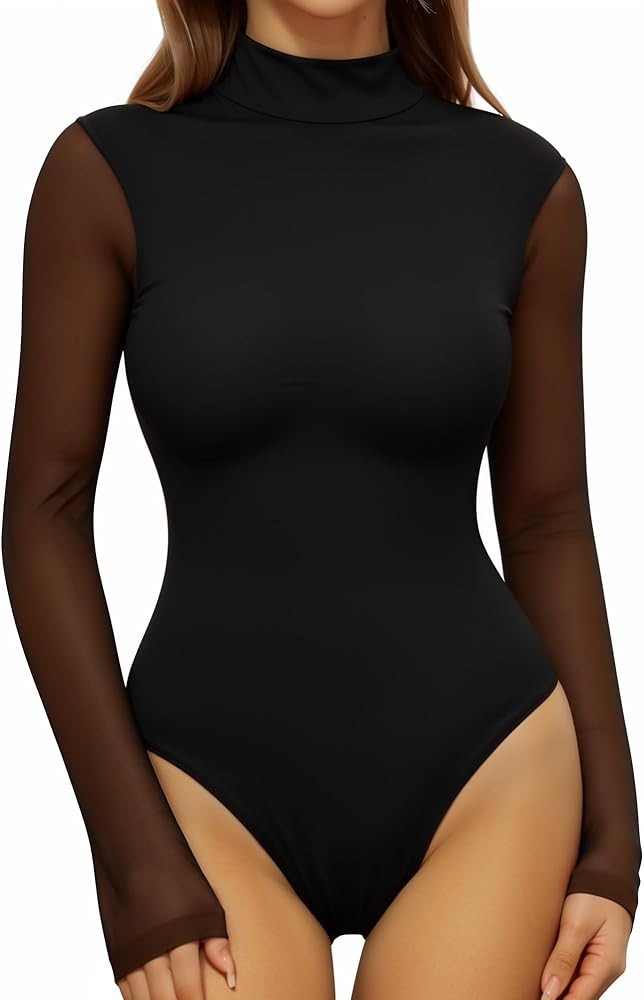 MANGOPOP Mock Turtleneck Bodysuit Mesh Sheer Long Sleeve Bodysuits for Women Sexy Tops | Amazon (US)